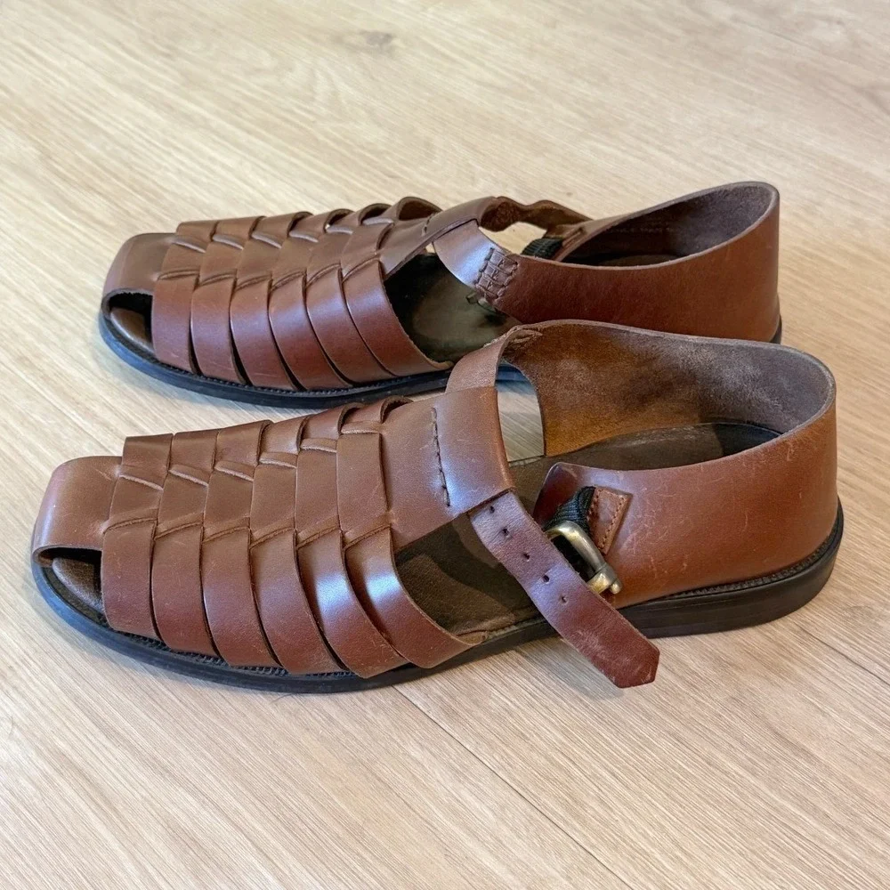Pronto Uomo Mens 9M Brown Genuine Leather Woven Fisherman Sandals Buckle Summer